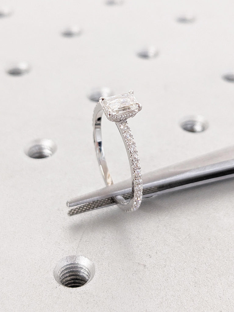 Radiant Cut Moissanite Engagement Ring, Dainty 14k White Gold Ring, Diamond Eternity Band, Hidden Halo Moissanite Rings, Unique Bridal Gift