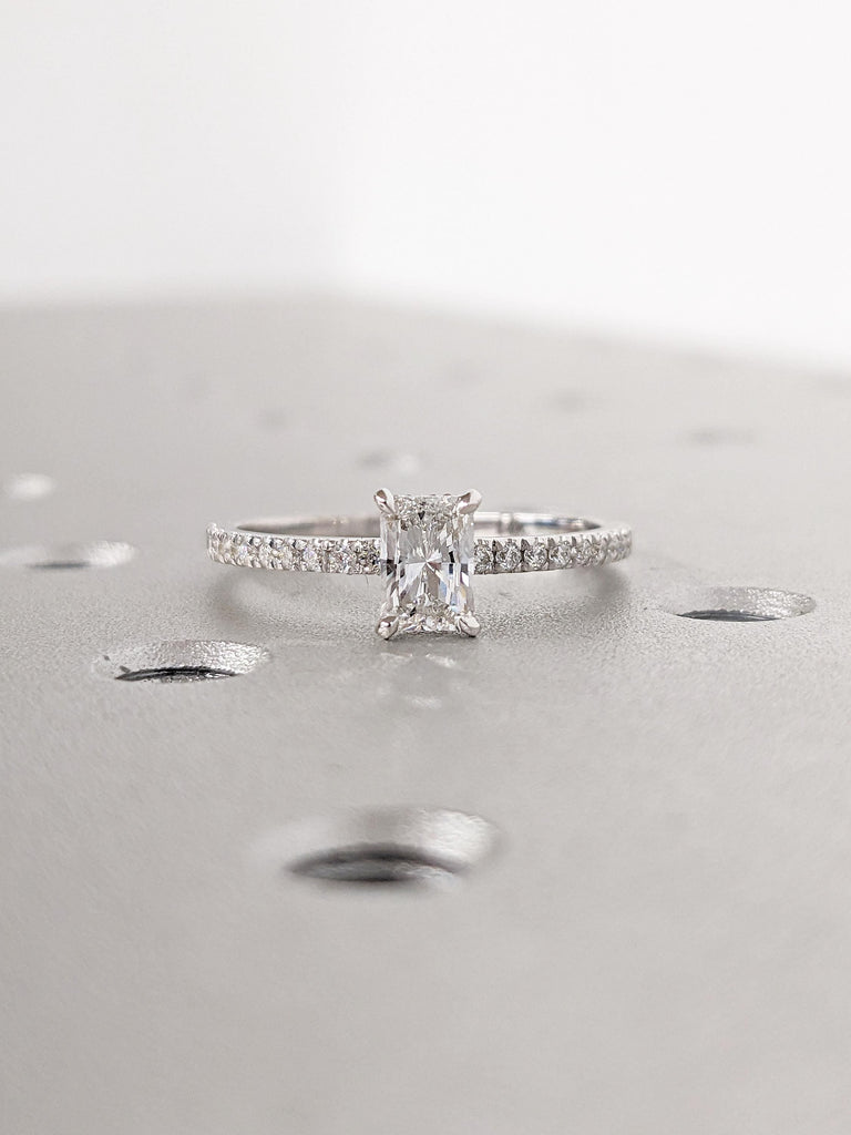 Radiant Cut Moissanite Engagement Ring, Dainty 14k White Gold Ring, Diamond Eternity Band, Hidden Halo Moissanite Rings, Unique Bridal Gift