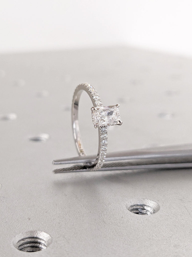 Radiant Cut Moissanite Engagement Ring, Dainty 14k White Gold Ring, Diamond Eternity Band, Hidden Halo Moissanite Rings, Unique Bridal Gift