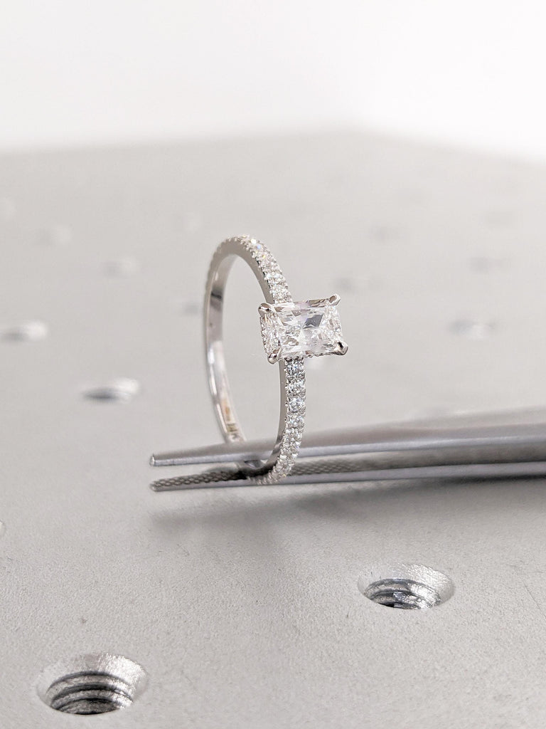 Unique Moissanite Ring, Radiant Cut Engagement Ring, 14k Gold Hidden Halo Ring, Moissanite Eternity Ring, Art Deco Gold Promise Ring for Her