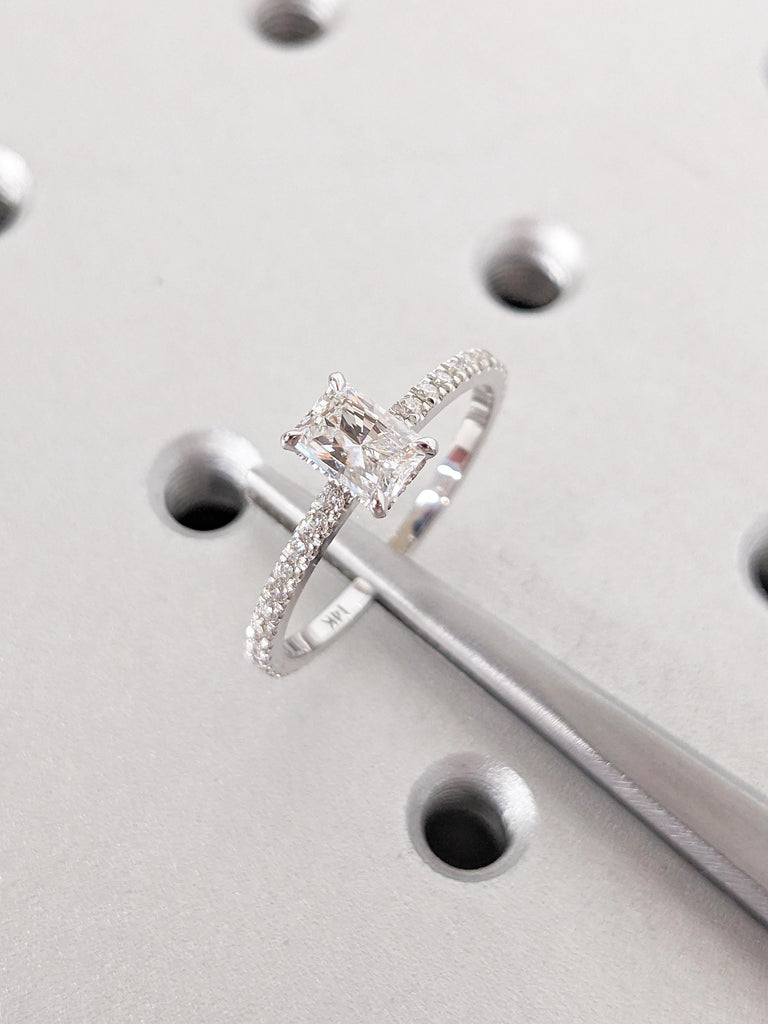 Radiant Cut Moissanite Engagement Ring, Dainty 14k White Gold Ring, Diamond Eternity Band, Hidden Halo Moissanite Rings, Unique Bridal Gift