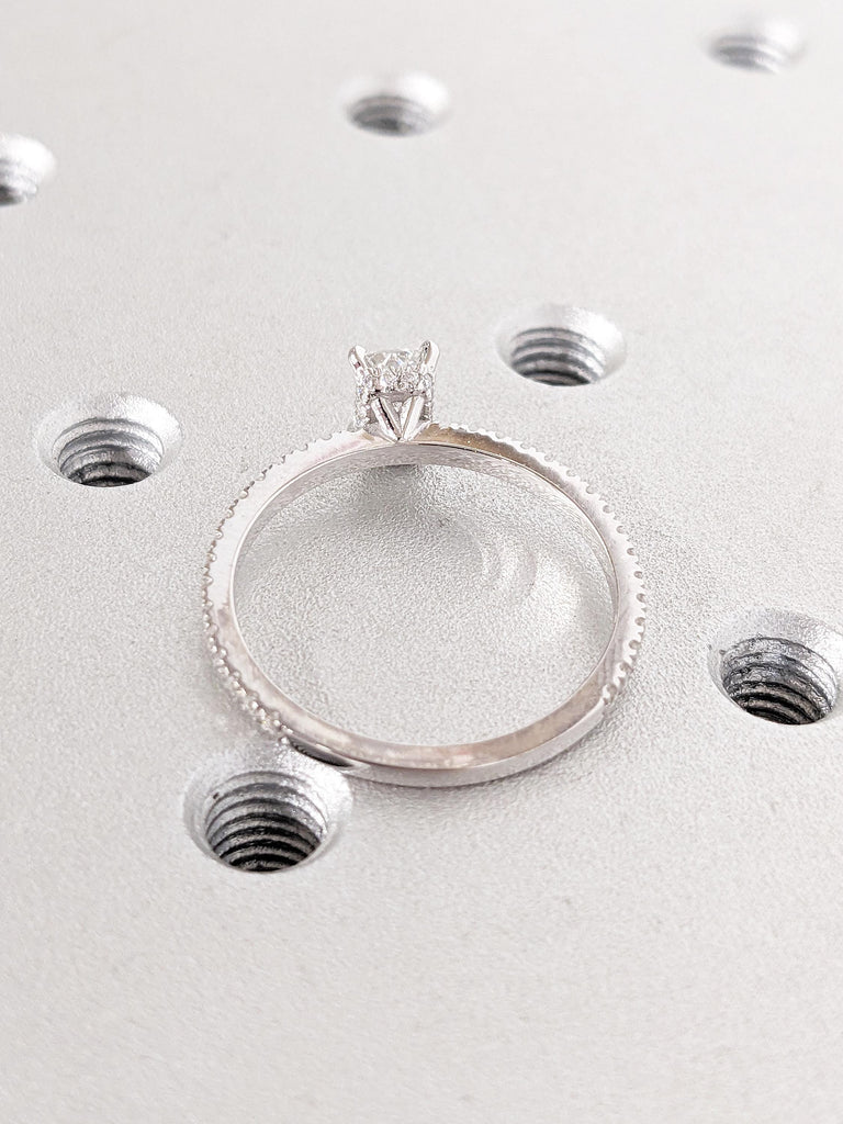 Radiant Cut Moissanite Engagement Ring, Dainty 14k White Gold Ring, Diamond Eternity Band, Hidden Halo Moissanite Rings, Unique Bridal Gift