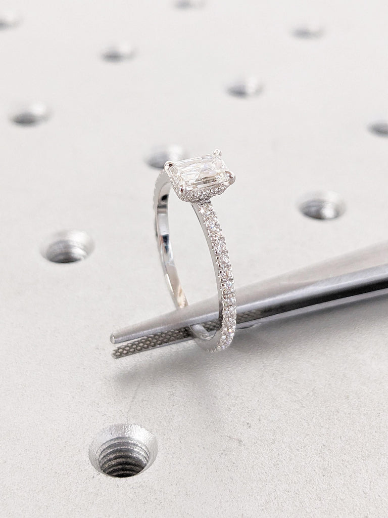 Lab Grown Diamond Ring, Radiant Cut Engagement Ring, Dainty White Gold Ring, Diamond Eternity Ring, Hidden Halo Lab Diamond Ring for Women