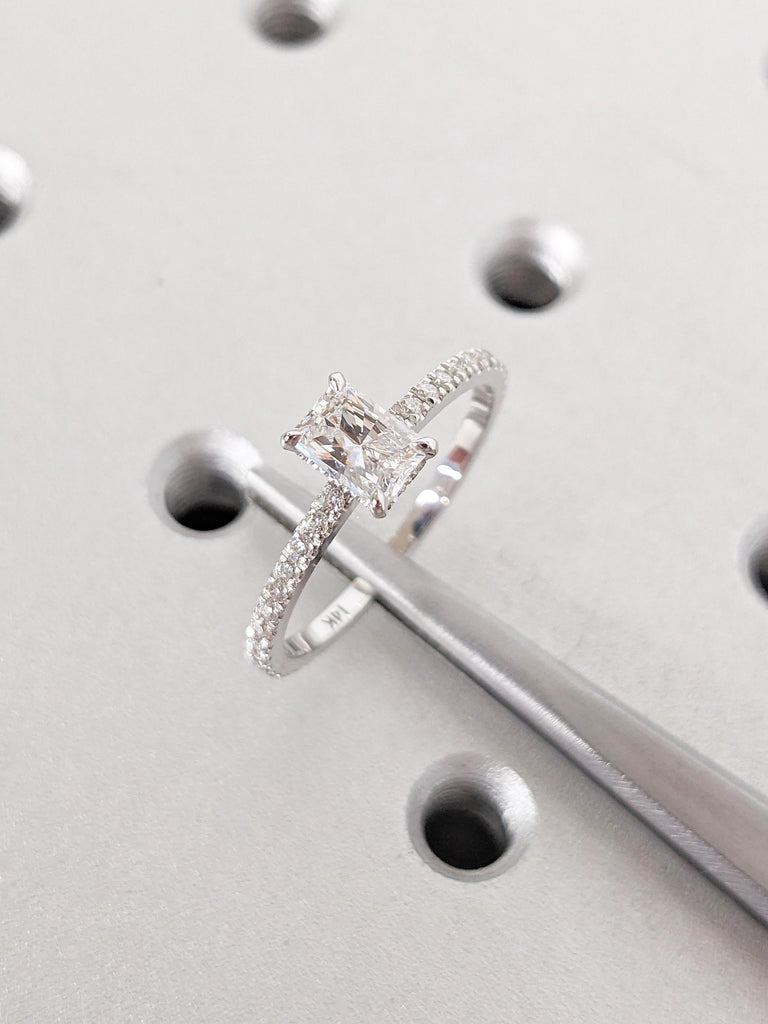 Lab Grown Diamond Ring, Radiant Cut Engagement Ring, Dainty White Gold Ring, Diamond Eternity Ring, Hidden Halo Lab Diamond Ring for Women