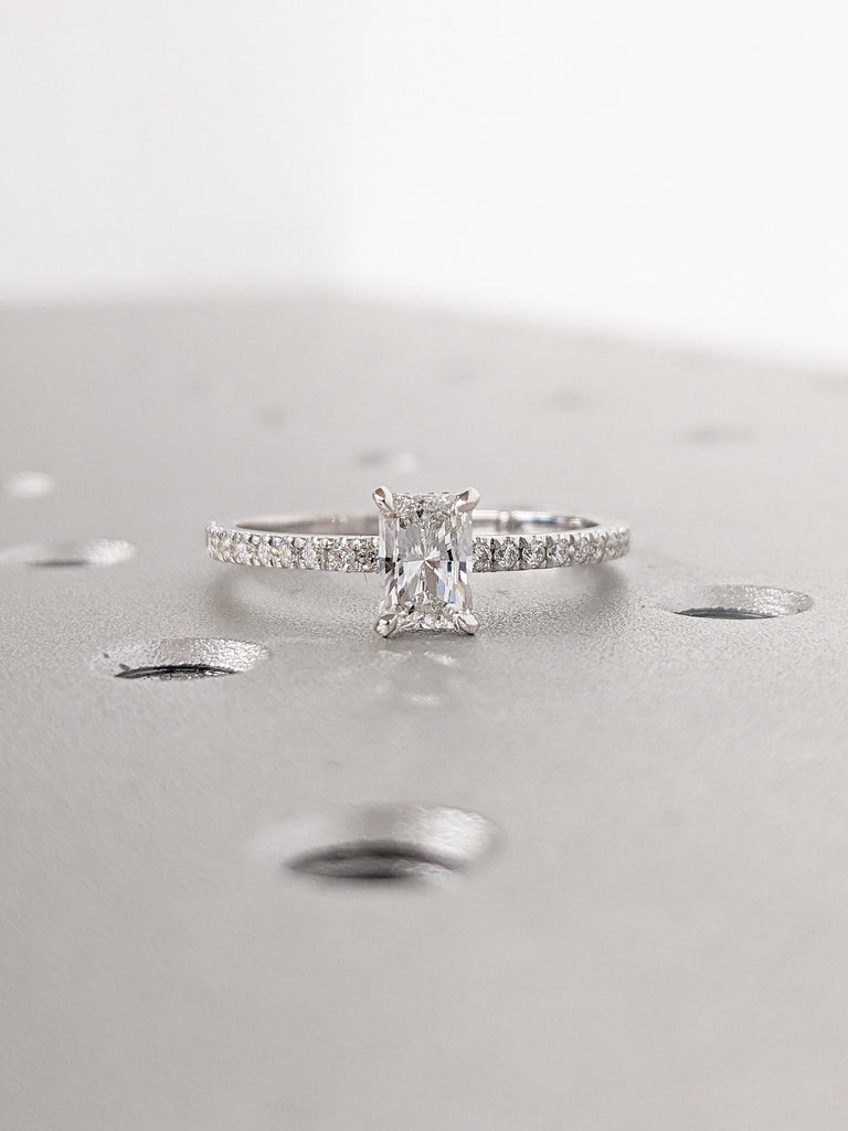 Lab Grown Diamond Ring, Radiant Cut Engagement Ring, Dainty White Gold Ring, Diamond Eternity Ring, Hidden Halo Lab Diamond Ring for Women