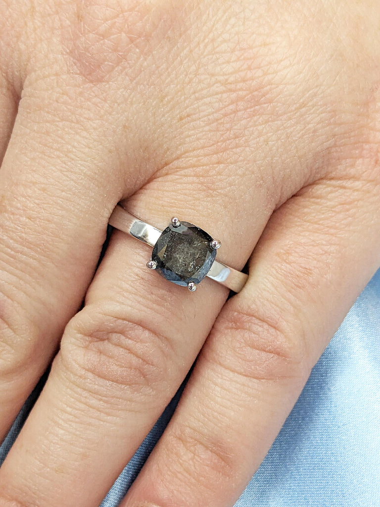 Cushion Cut Salt and Pepper Diamond Ring, 14k Gold Engagement Ring, Unique Minimalist Ring, Anniversary Ring for Women, Promise Ring for Her