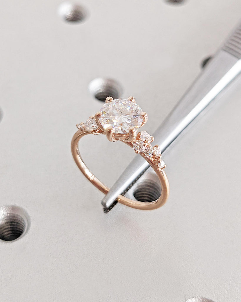 14K Rose Gold Round CVD Lab Grown Diamond Cluster Women Engagement Ring | Unique Snowdrift Art Deco Promise Ring | Personalized Jewelry Gift