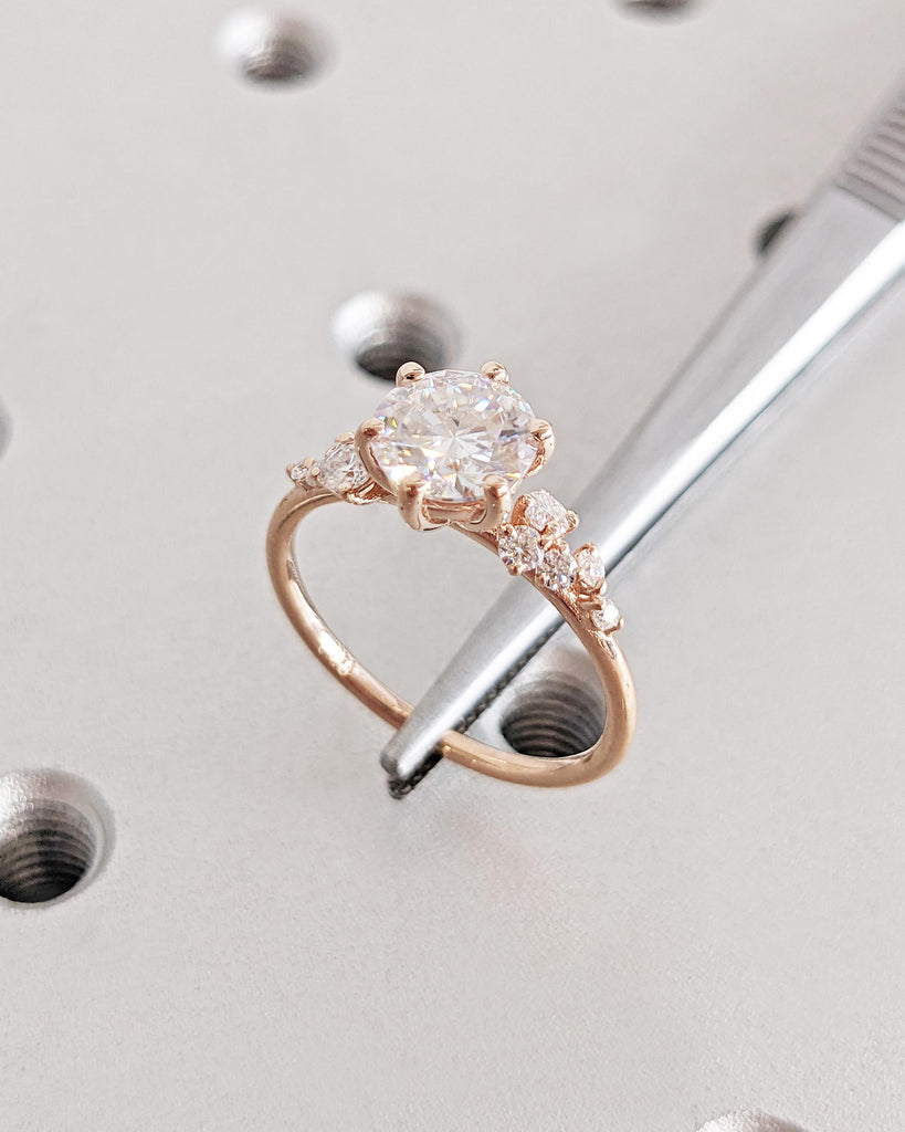 14K Rose Gold Round CVD Lab Grown Diamond Cluster Women Engagement Ring | Unique Snowdrift Art Deco Promise Ring | Personalized Jewelry Gift image #5