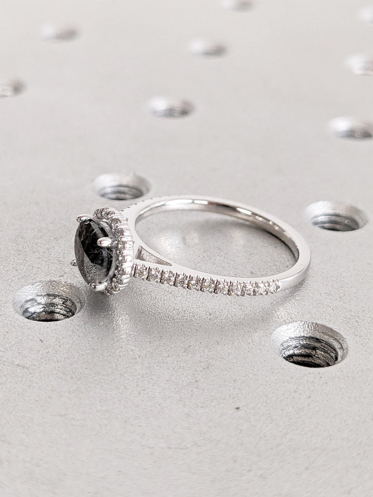 Diamond Engagement Ring | 14k Gold Promise Ring for Her | Salt and Pepper Diamond Halo Ring | Half Eternity Ring | Art Deco Comfort Fit Ring