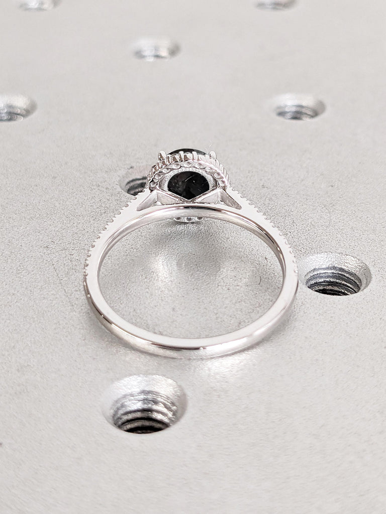 Salt and Pepper Diamond Ring, Vintage Engagement Ring, Diamond Halo 14k White Gold Ring, Bridal Gift for Her, Comfort Fit Half Eternity Band