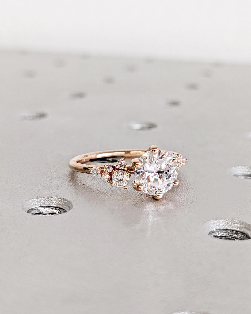 Round Cut Moissanite Engagement Ring, Dainty Rose Gold Ring, Snowdrift Diamond Cluster Ring, Moissanite Promise Rings for Women, Bridal Gift