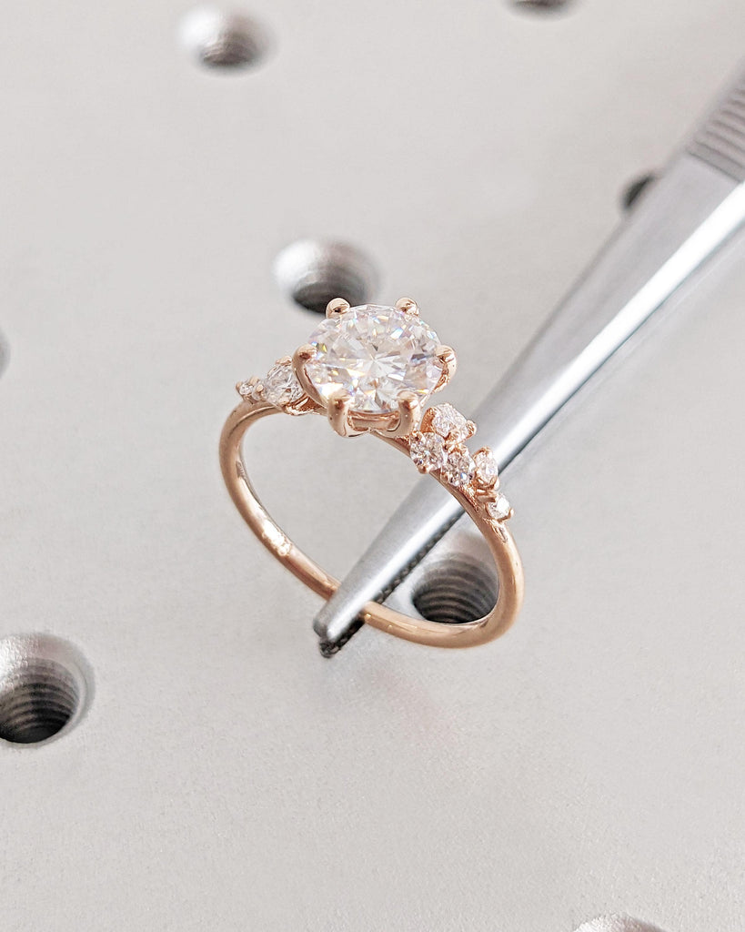Unique Moissanite Ring | Rose Gold Engagement Ring | Art Deco Moissanite Cluster Ring | Vintage Snowdrift Women Wedding Ring | Gift for Wife