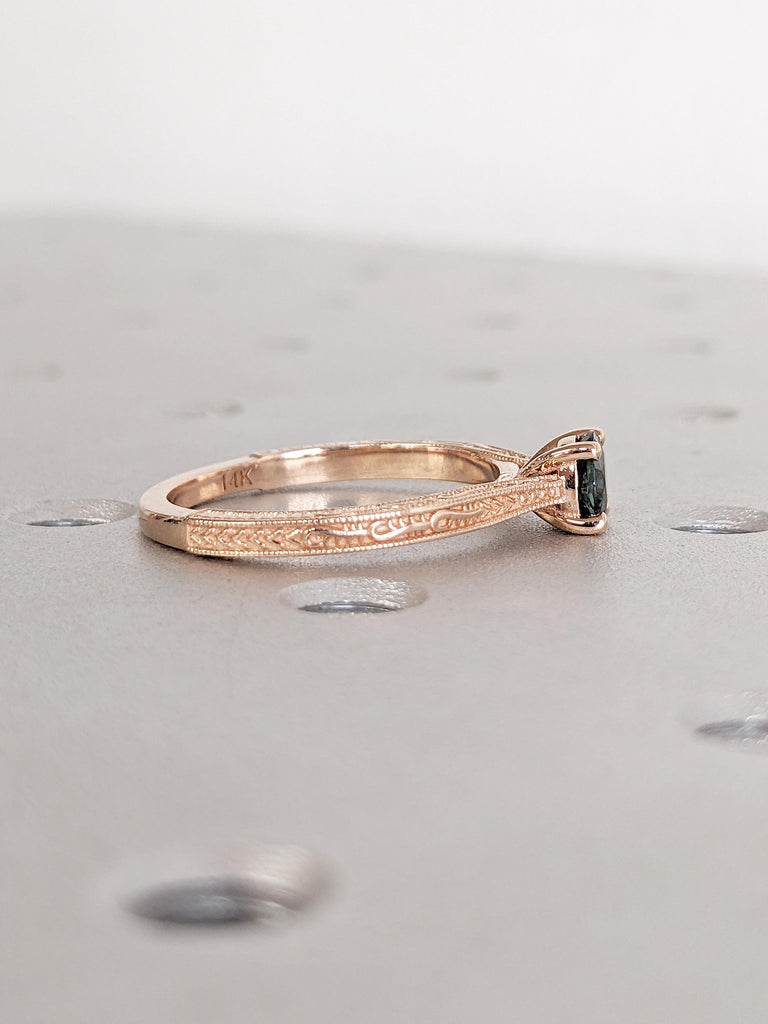 Filigree 14k Rose Gold Ring, Round Teal Sapphire Ring, Milgrain Engagement Ring, Solitaire Rings for Women, Unique Blue Green Sapphire Ring