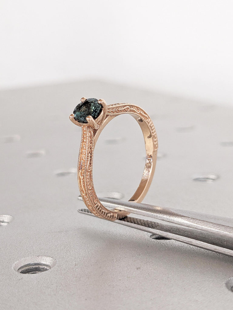 Filigree 14k Rose Gold Ring, Round Teal Sapphire Ring, Milgrain Engagement Ring, Solitaire Rings for Women, Unique Blue Green Sapphire Ring