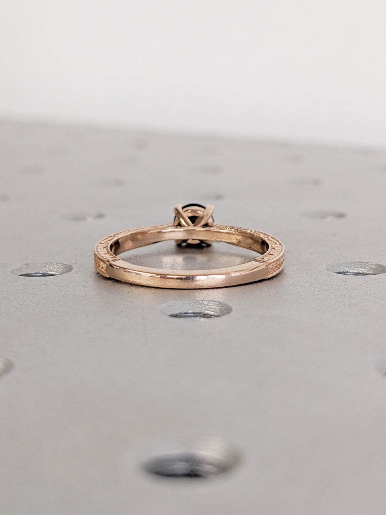 Filigree 14k Rose Gold Ring, Round Teal Sapphire Ring, Milgrain Engagement Ring, Solitaire Rings for Women, Unique Blue Green Sapphire Ring