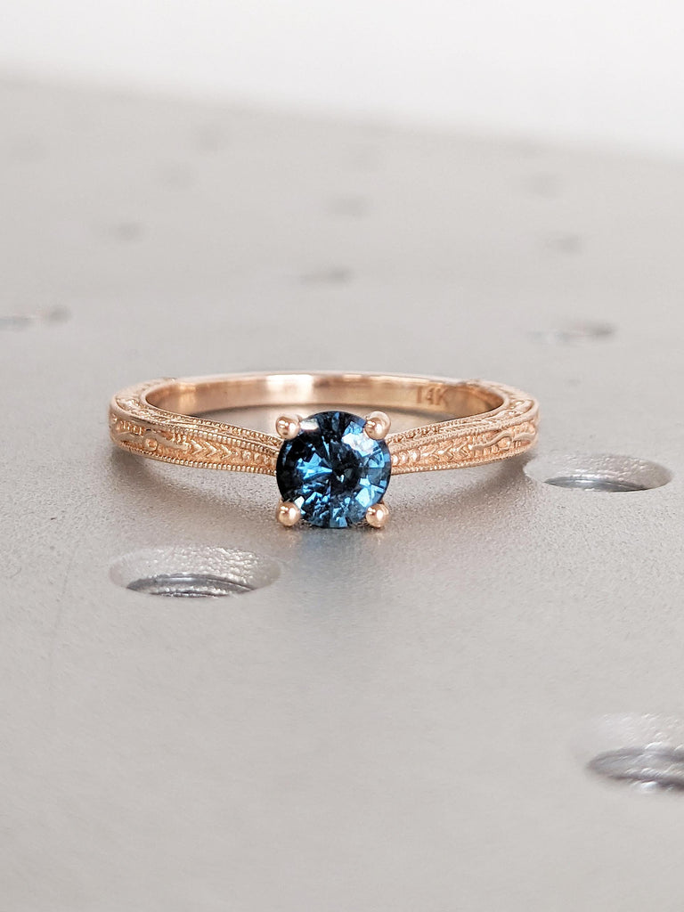 Round Peacock Sapphire Ring, 14k Rose Gold Engagement Ring, Vintage Solitaire Ring, Art Deco Filigree Ring, Montana Sapphire Birthstone Ring