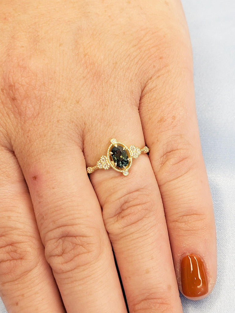 Oval Teal Sapphire Engagement Ring, 14k Solid Gold Ring, Diamond Cluster Ring, Unique Wedding Ring, Victorian Ring for Women, Promise Ring