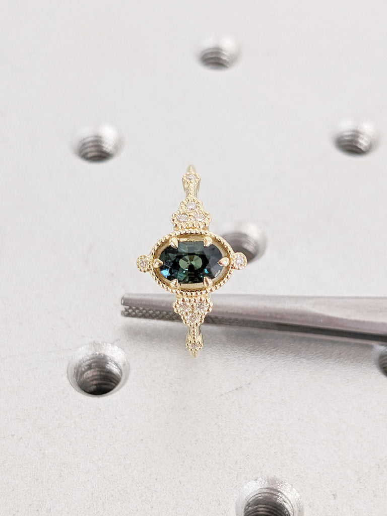 Oval Teal Sapphire Engagement Ring, 14k Solid Gold Ring, Diamond Cluster Ring, Unique Wedding Ring, Victorian Ring for Women, Promise Ring