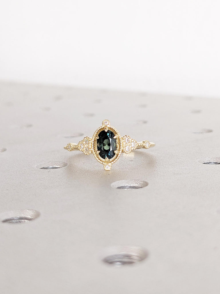 Oval Teal Sapphire Engagement Ring, 14k Solid Gold Ring, Diamond Cluster Ring, Unique Wedding Ring, Victorian Ring for Women, Promise Ring