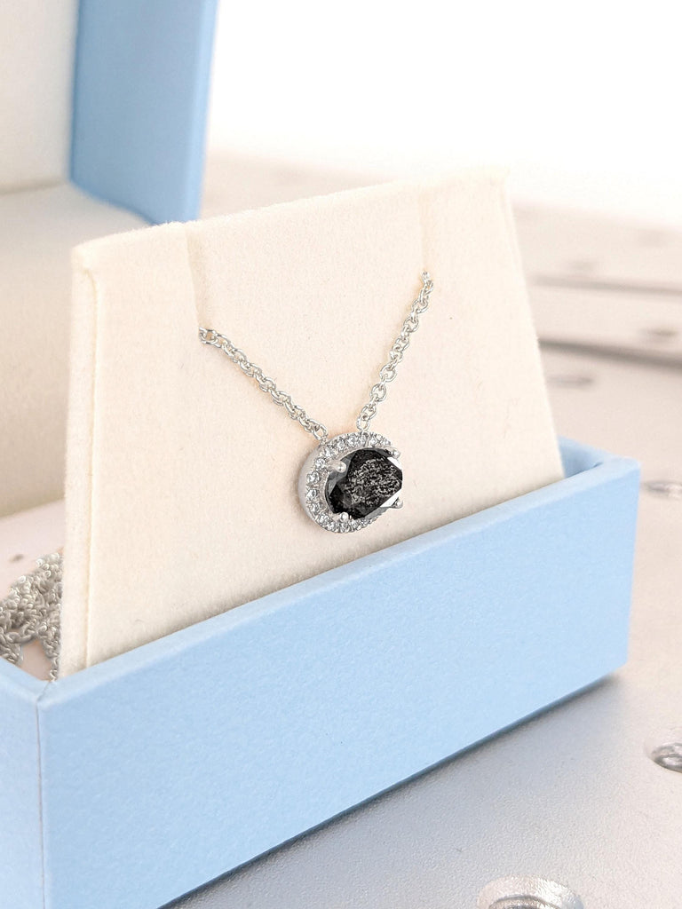 1 Carat Natural Black Diamond Pendant Necklace | Rope Chain Necklace for Her | 18k White Gold Woman Necklace