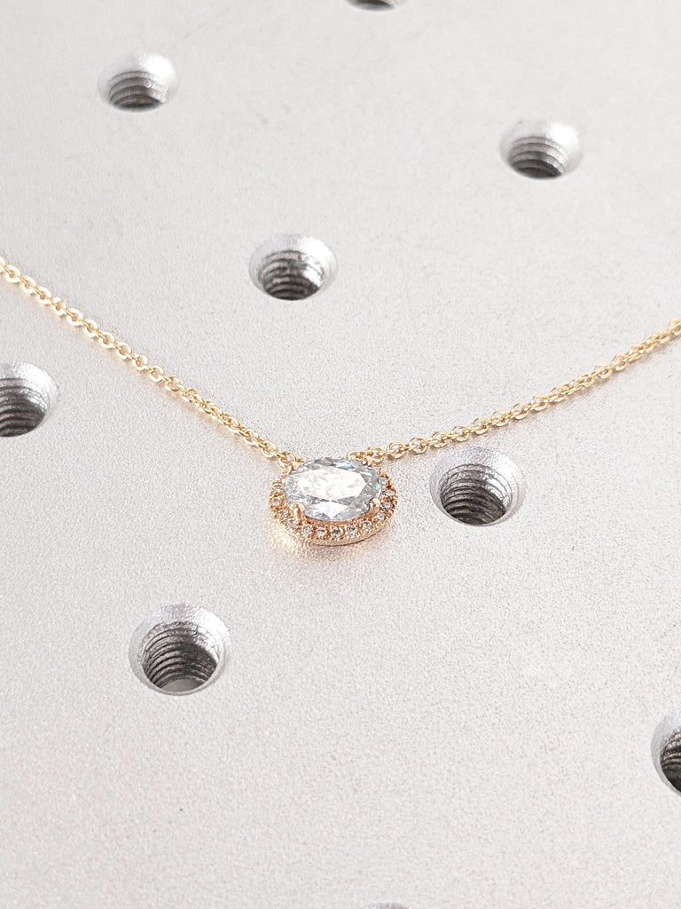 Certified Man Made Diamond Halo Solitaire Pendant | East West Pendant Rose Gold Necklace | Gift for Her Wife Mother Sister