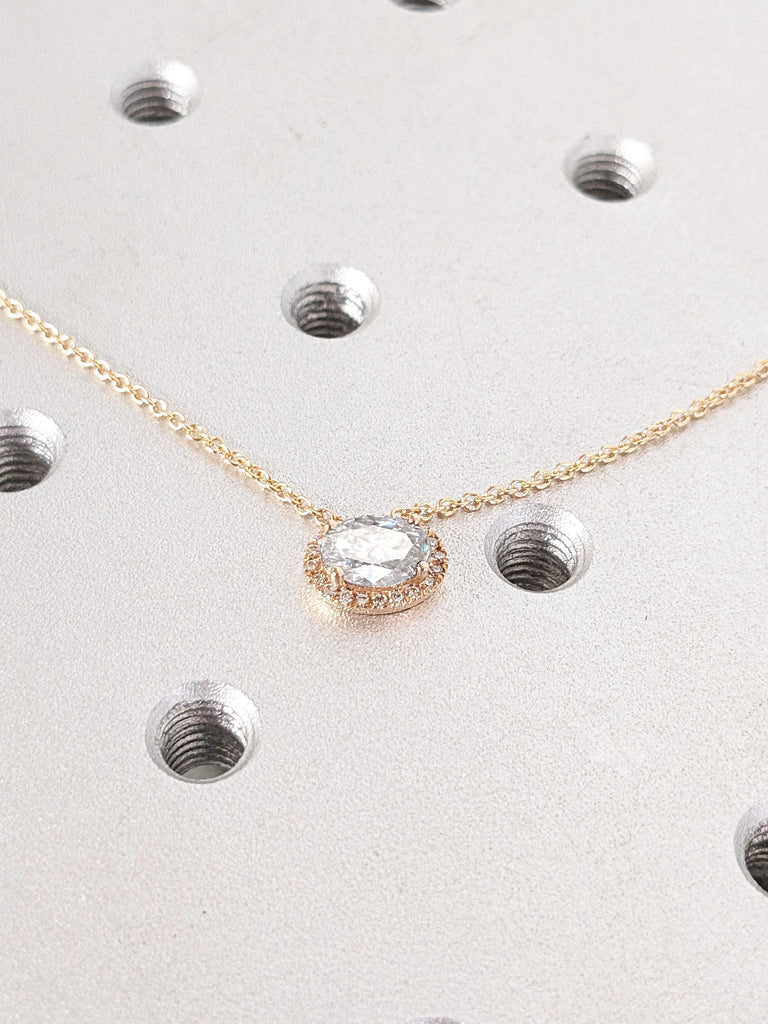 Moissanite Gold Necklace | CVD Diamond Halo Solitaire Pendant | East West Pendant Rose Gold Necklace | Gift for Her Wife Mother Sister