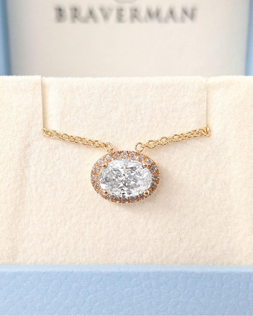 1ct VVS White Moissanite Solitaire Pendant with Diamond Halo | 18k Rose Gold Classic Necklace for Her | Rope Chain Necklace | East West Oval Solitaire Pendant