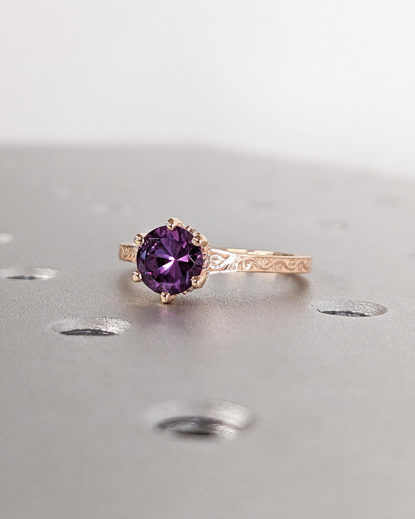 Round Alexandrite Solitaire Engagement Ring | Antique Rose Gold Diamond Hidden Halo Ring | Promise Ring for Her | Handmade Filigree Ring