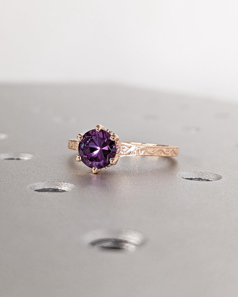 Blue Purple Alexandrite Vintage Engagement Ring | 14K 18K Rose Gold Diamond Hidden Halo Ring | Unique Proposal Ring | Wedding Ring for Her