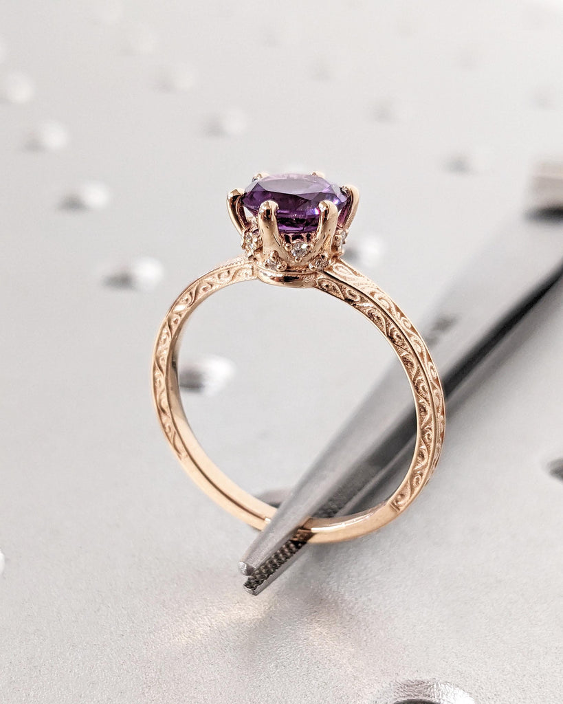 Blue Purple Alexandrite Vintage Engagement Ring | 14K 18K Rose Gold Diamond Hidden Halo Ring | Unique Proposal Ring | Wedding Ring for Her