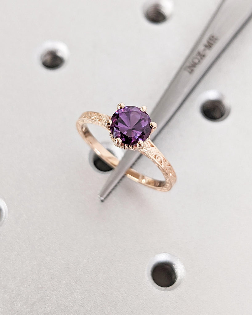 Round Alexandrite Solitaire Engagement Ring | Antique Rose Gold Diamond Hidden Halo Ring | Promise Ring for Her | Handmade Filigree Ring