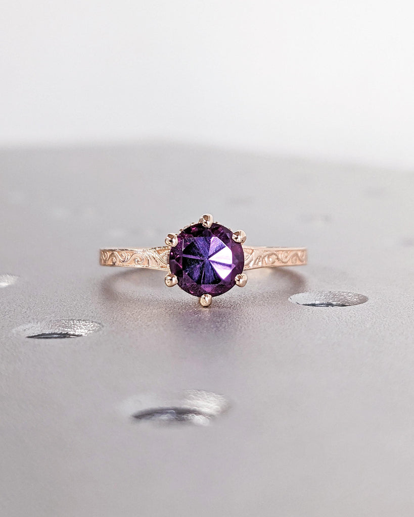 Blue Purple Alexandrite Vintage Engagement Ring | 14K 18K Rose Gold Diamond Hidden Halo Ring | Unique Proposal Ring | Wedding Ring for Her