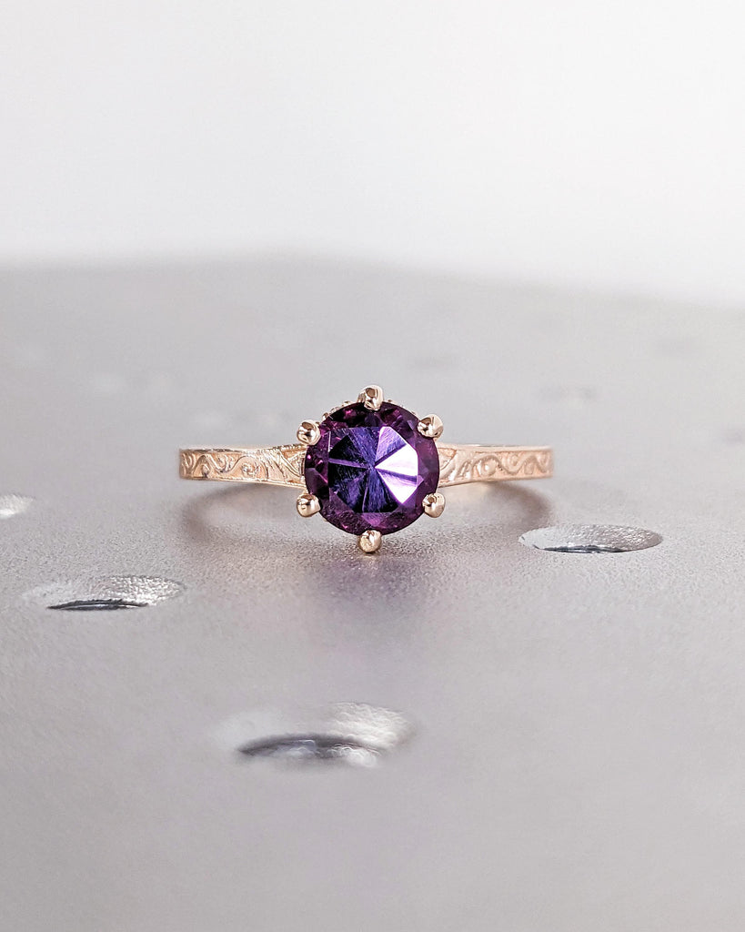 Round Alexandrite Solitaire Engagement Ring | Antique Rose Gold Diamond Hidden Halo Ring | Promise Ring for Her | Handmade Filigree Ring