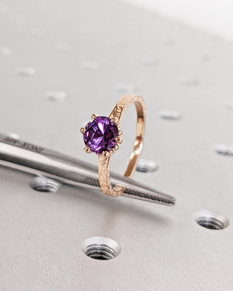 Blue Purple Alexandrite Vintage Engagement Ring | 14K 18K Rose Gold Diamond Hidden Halo Ring | Unique Proposal Ring | Wedding Ring for Her