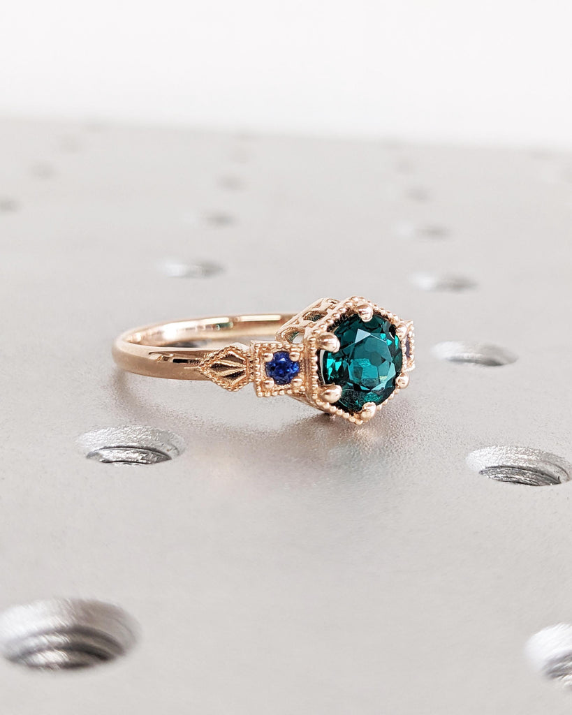 Vintage Emerald Engagement Ring 14k Rose Gold Art Deco Wedding Ring Emerald and Blue Sapphire Vintage Filigree Ring Anniversary Promise Ring