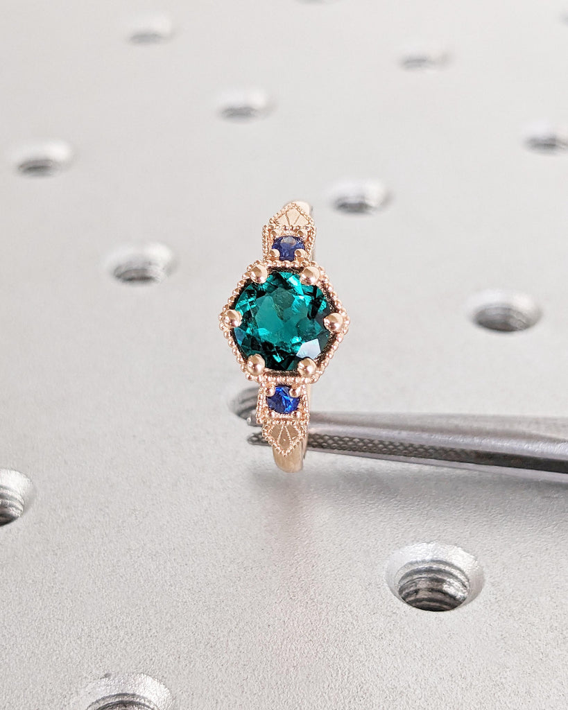 Vintage Emerald Engagement Ring 14k Rose Gold Art Deco Wedding Ring Emerald and Blue Sapphire Vintage Filigree Ring Anniversary Promise Ring