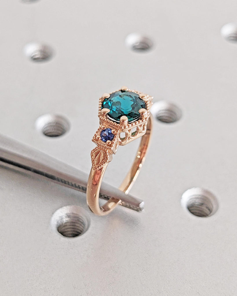 Emerald Ring Vintage Emerald Engagement Ring 14K Rose Gold Ring Unique Antique Wedding Promise Anniversary Ring For Her Birthstone Sapphire