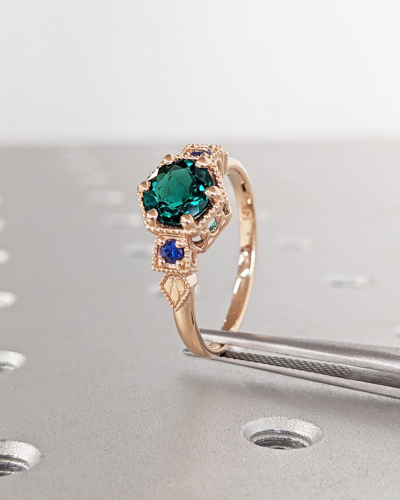 Vintage Emerald Engagement Ring 14k Rose Gold Art Deco Wedding Ring Emerald and Blue Sapphire Vintage Filigree Ring Anniversary Promise Ring