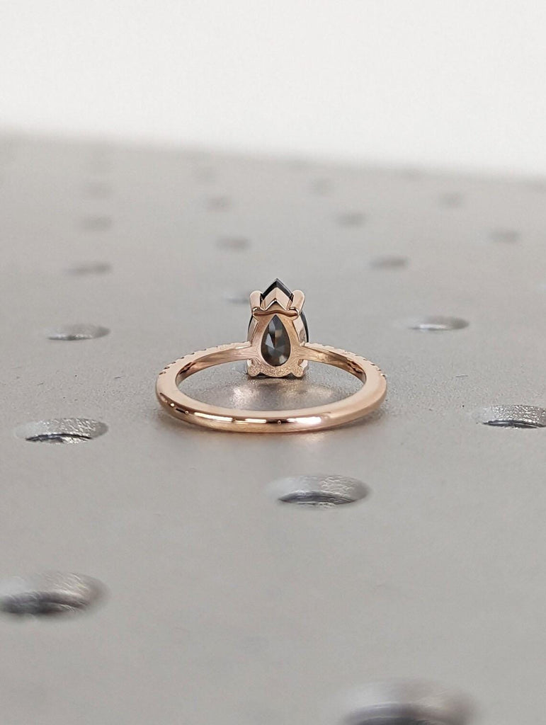 1 Carat, 2ct Diamond Ring | Natural Black Diamond Rings for Women | Pear Shaped Engagement Ring | Solid Rose Gold Ring | Black Stone Ring