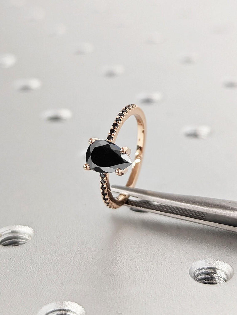 1 Carat Diamond Ring | Natural Black Diamond Rings for Women | Pear Shaped Engagement Ring | Solid Rose Gold Ring