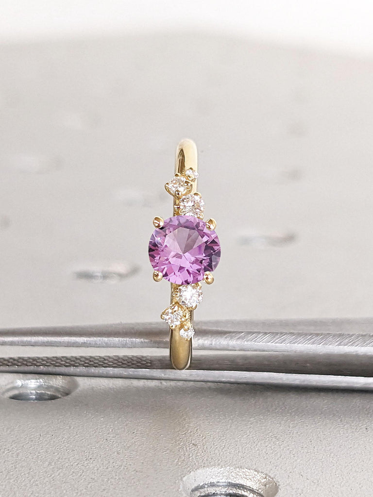 18K Yellow Gold Alexandrite Ring | June Birthstone Jewelry Engagement Band | Purple Gemstone with Diamond Ring | Round Emerald Dainty Ring