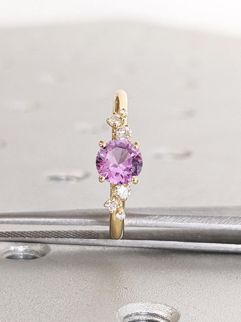 18K Yellow Gold Alexandrite Ring | June Birthstone Jewelry Engagement Band | Purple Gemstone with Diamond Ring | Round Emerald Dainty Ring