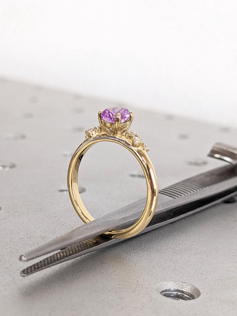 18K Yellow Gold Alexandrite Ring | June Birthstone Jewelry Engagement Band | Purple Gemstone and Diamond Ring, Round Alexandrite Dainty Ring