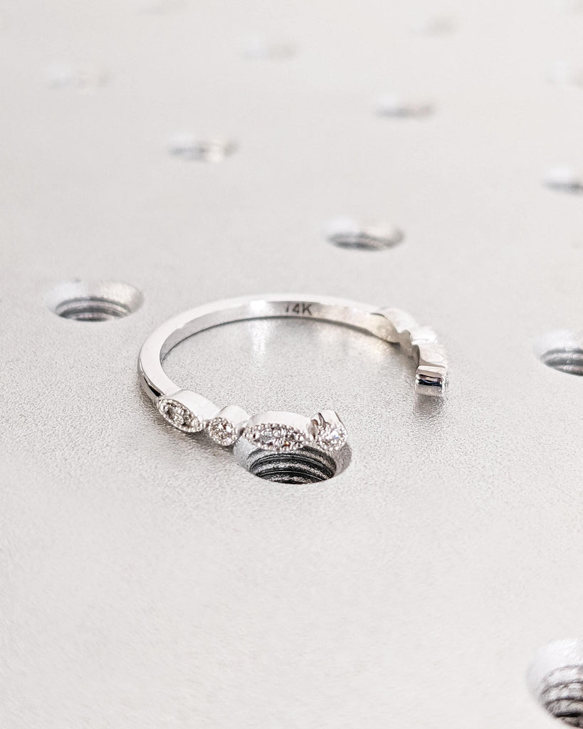 Art Deco Diamond Wedding Band, Milgrain Half Eternity Dainty Open Wedding Band, Lab Diamond/Moissanite 14K White Gold Stacking Ring for Her