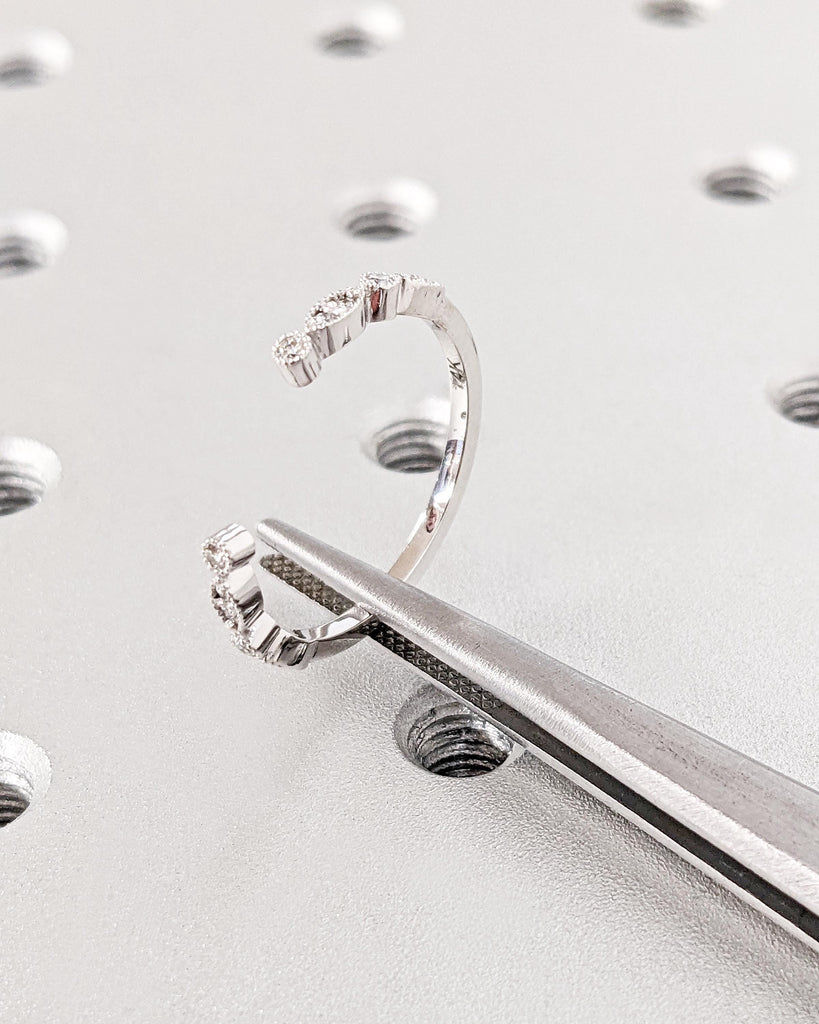 Art Deco Diamond Wedding Band, Milgrain Half Eternity Dainty Open Wedding Band, Lab Diamond/Moissanite 14K White Gold Stacking Ring for Her