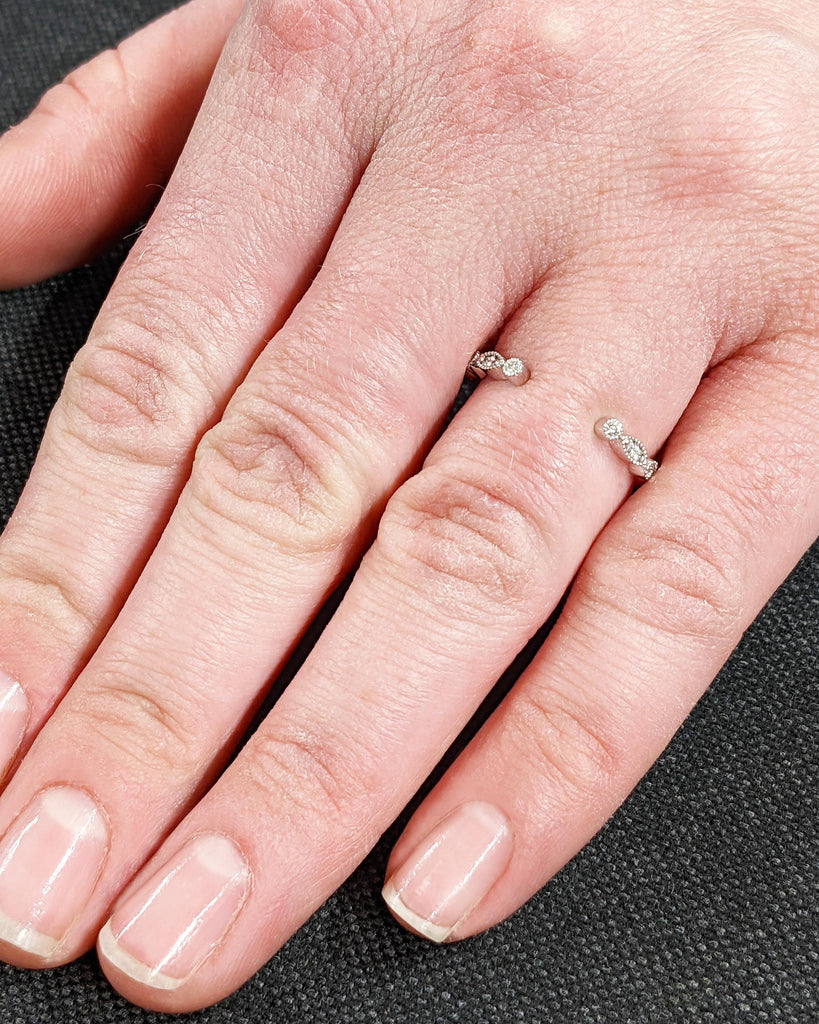 Art Deco Diamond Wedding Band, Milgrain Half Eternity Dainty Open Wedding Band, Lab Diamond/Moissanite 14K White Gold Stacking Ring for Her