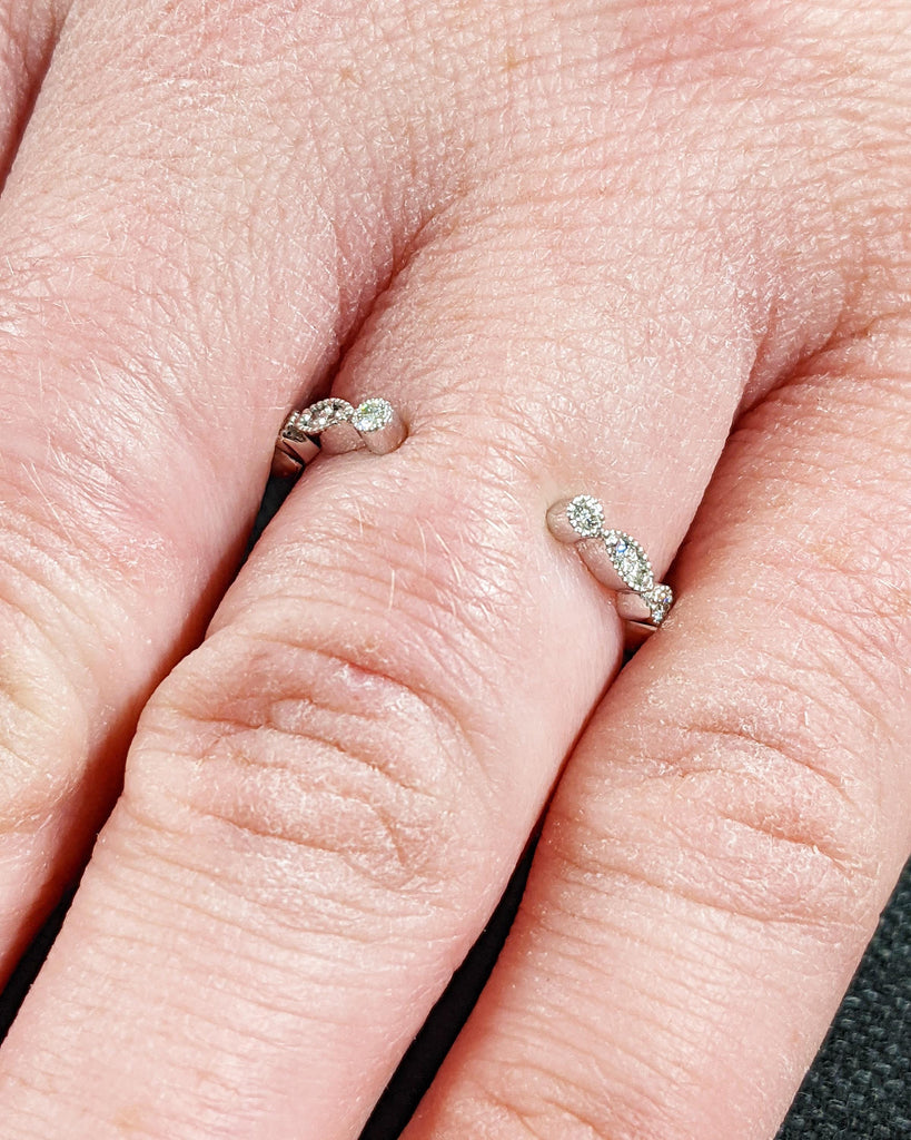 Art Deco Diamond Wedding Band, Milgrain Half Eternity Dainty Open Wedding Band, Lab Diamond/Moissanite 14K White Gold Stacking Ring for Her