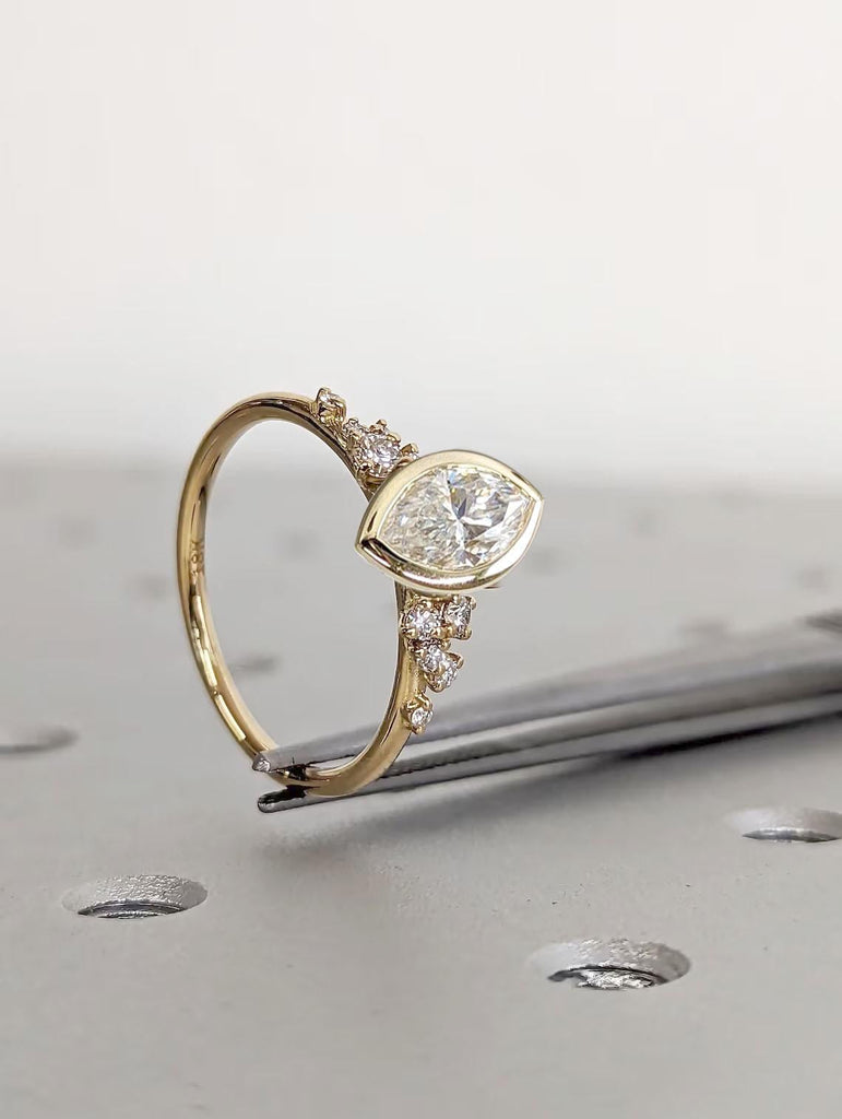 Bezel set Marquise cut VVS Moissanite Ring | 18k Gold Engagement Ring | Bezel set Engagement Ring | Marquise Engagement