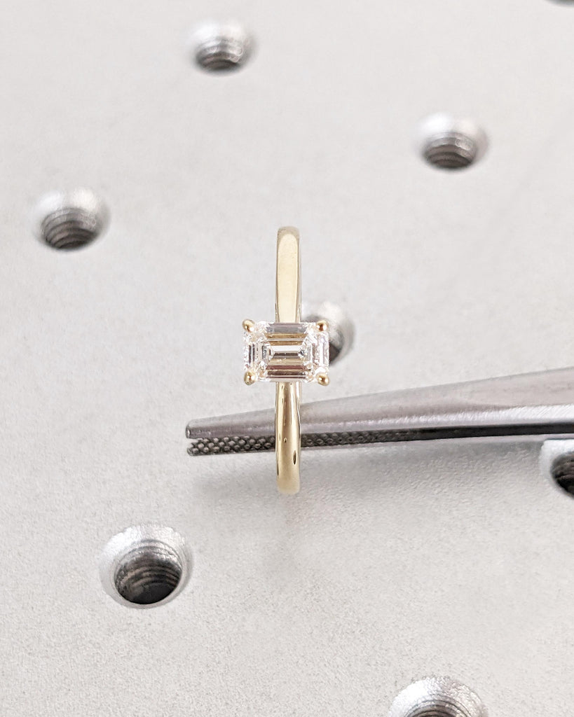 Timeless Emerald cut Lab Grown Diamond Solitaire Engagement Ring | 14K Yellow Gold High Setting Proposal Ring | Thin Wedding Band for Women