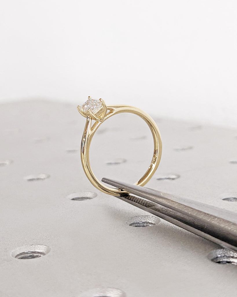 Timeless Emerald cut Lab Grown Diamond Solitaire Engagement Ring | 14K Yellow Gold High Setting Proposal Ring | Thin Wedding Band for Women